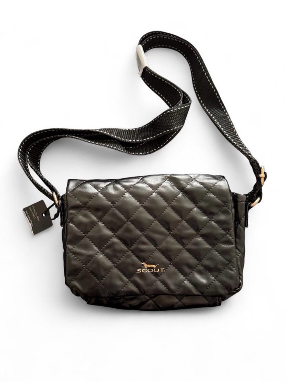 SCOUT “After Hours” black glossy quilted crossbody bag with gold logo. NWT